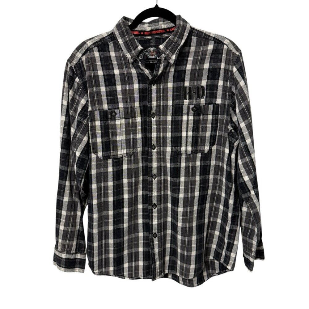 HARLEY DAVIDSON BUTTON UP SHIRT PLAID MENS M NEUTRAL EMBROIDERED LOGO CASUAL